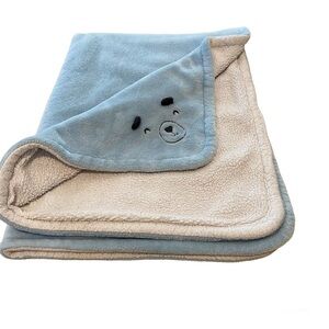 Carters Dog Face Puppy Baby Blanket Blue Plush White Sherpa Lovey Throw Crib Boy